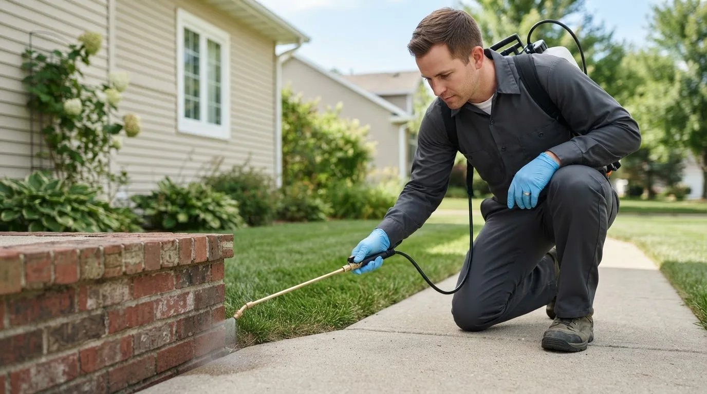 Pest control technician treating a home near Brodheadsville, PA