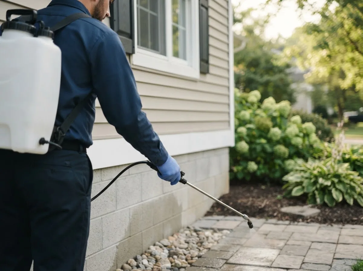 Pest control technician inspecting a home in Brodheadsville, PA